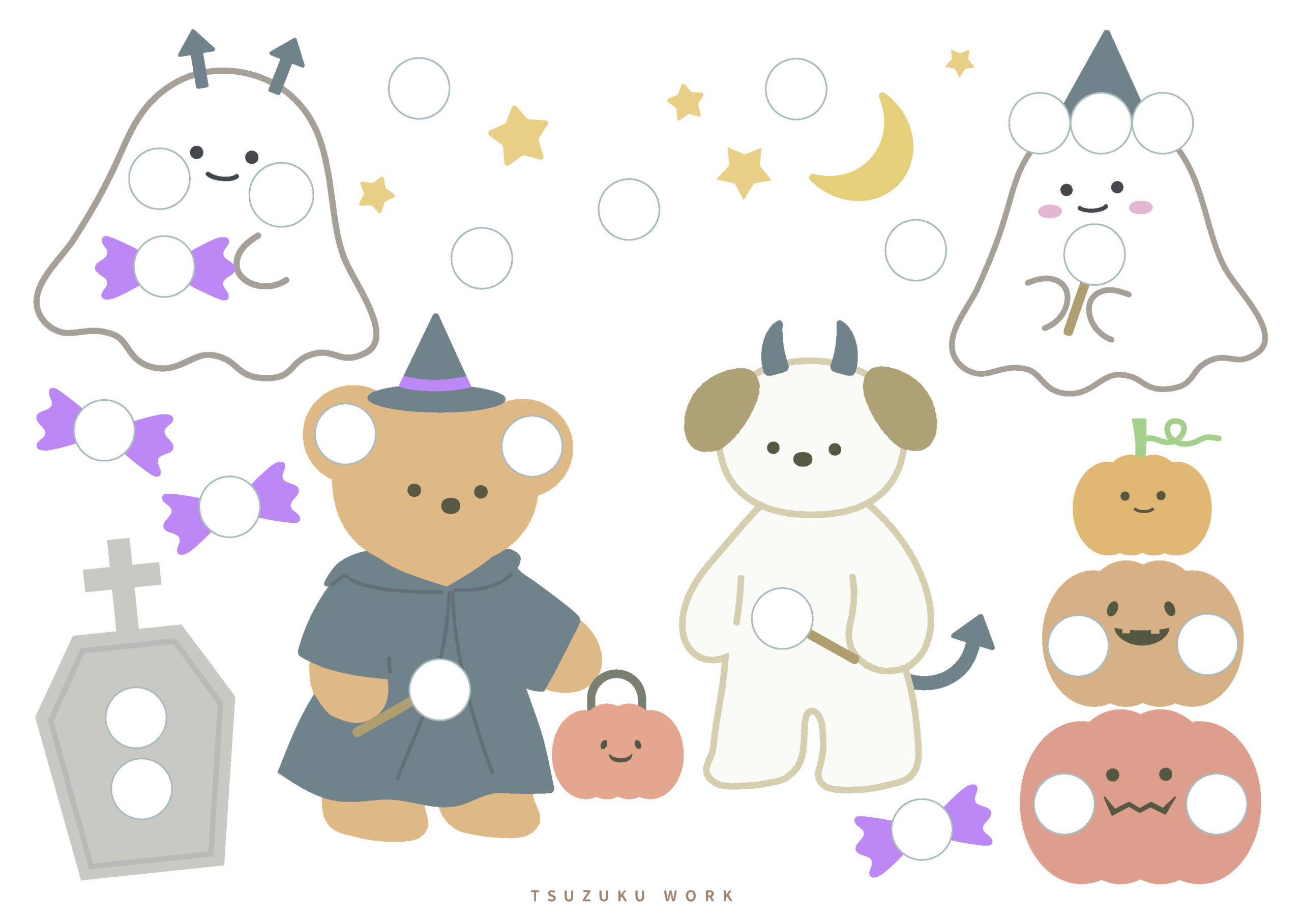 ハロウィンのシール貼り台紙、知育プリント