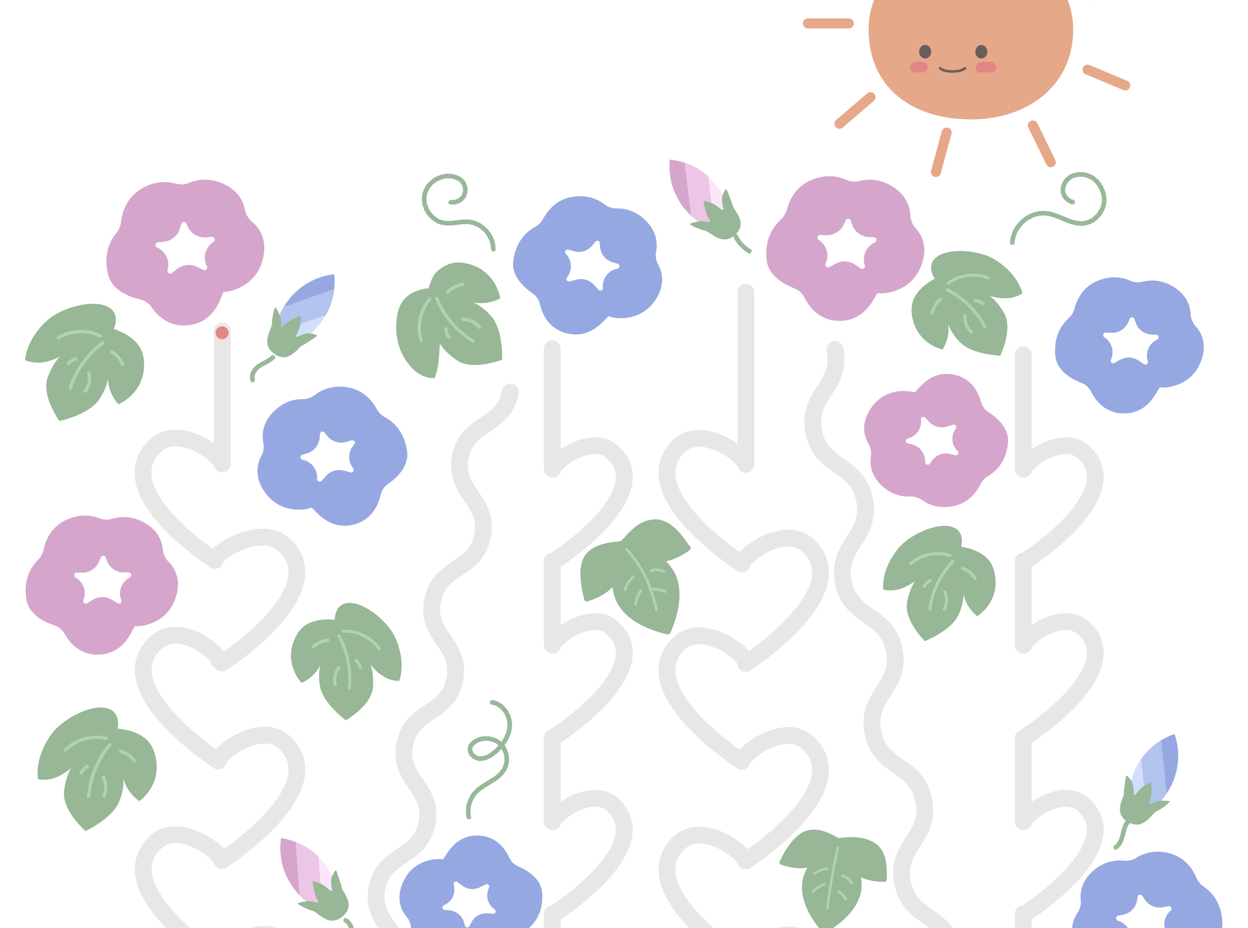運筆のプリント、なぞりがきの知育プリント、かわいい、夏、朝顔