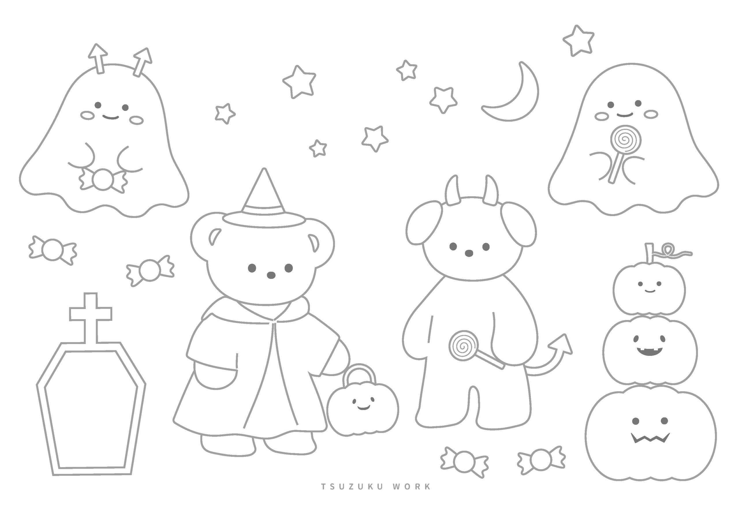 ハロウィンのぬりえ、知育プリント